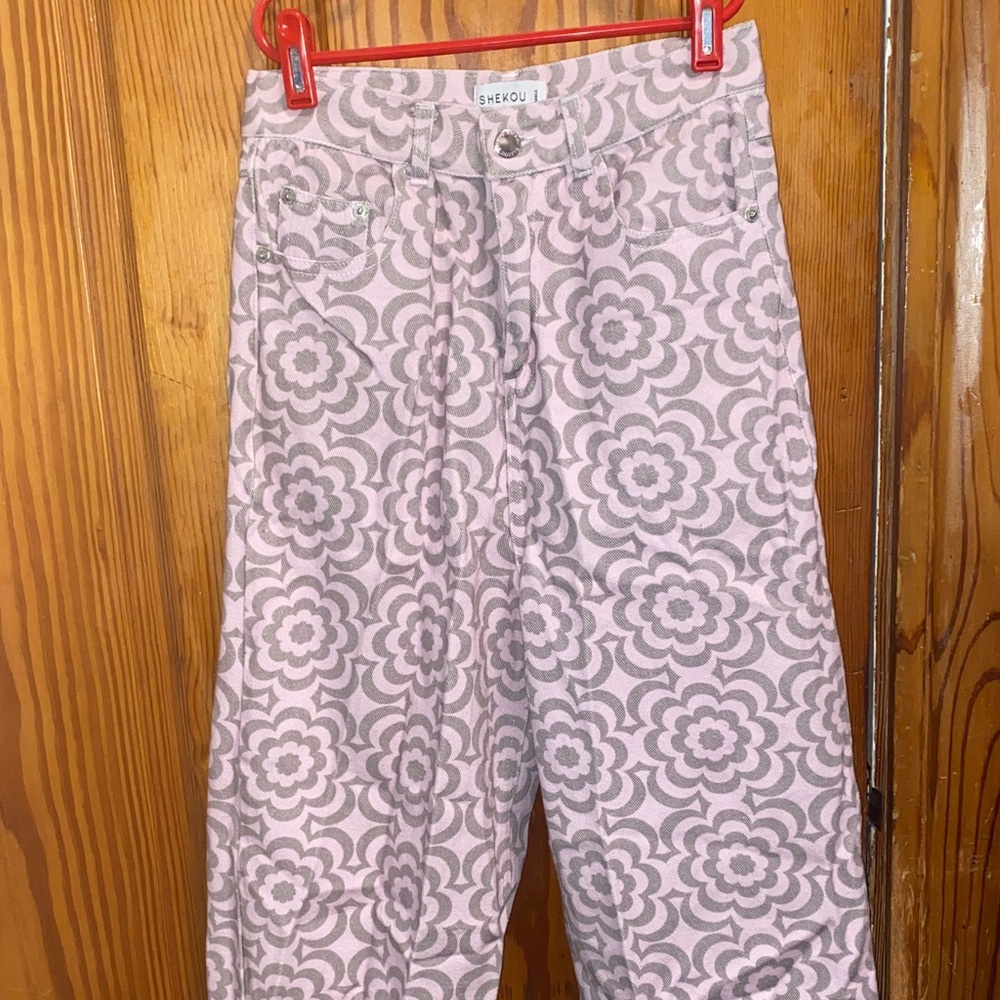 Women's High Rise Floral Jeans - Pink and Gray